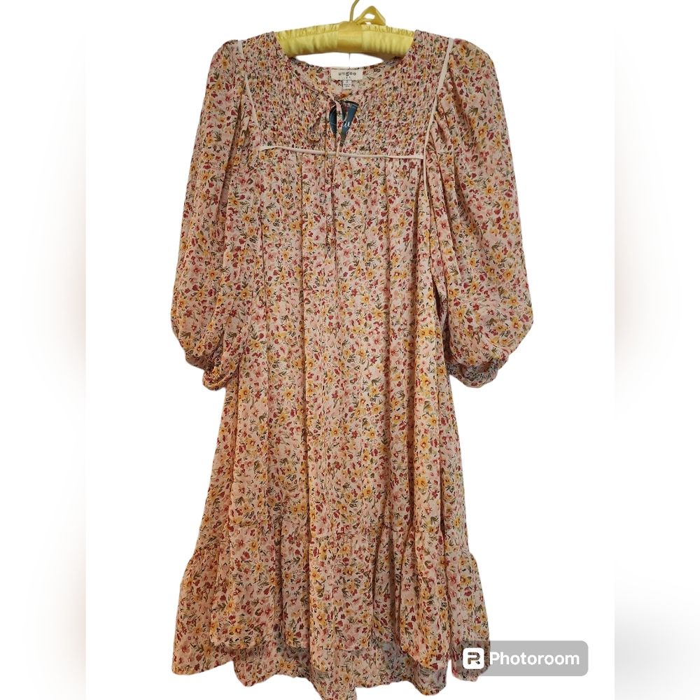 NWT Umgee Pink Floral Print Dress Puffy Sleeve Ruffle Hemline SZ Small